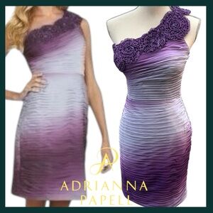 Adrianna Papell Purple Ombre One Shoulder Rosette Shutter Pleat Dress (6-8)